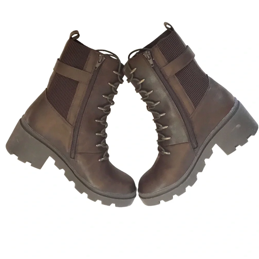 🆕TAHARI MELISSA Chunky Combat Ankle Boot Brown Vegan Leather Lace/Zip up Size-10 - Picture 7 of 16